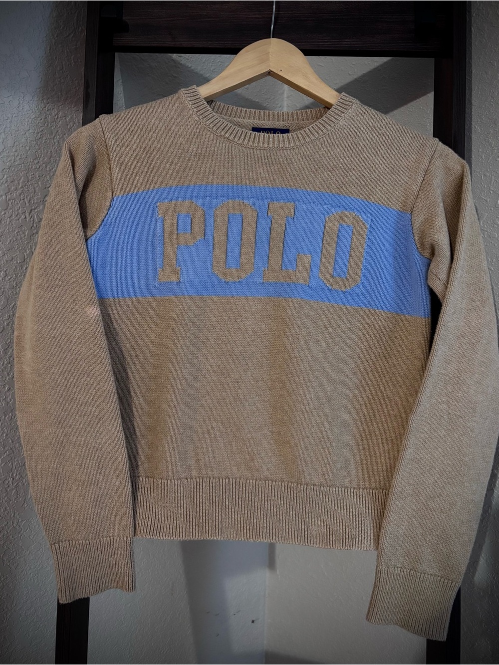 Polo by Ralph Lauren Tan Crewneck Sweater with Blue Chest Stripe